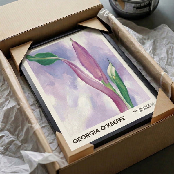 Intimate watercolor flower painting in cool lavender, rose, and sage green tones depicting a sensual pink banana bloom with layered, organic petal shapes.