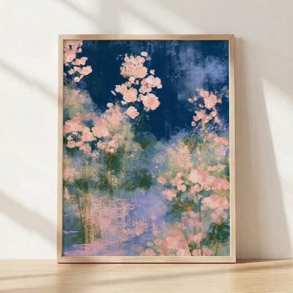 Soft watercolor painting of roses and garden foliage in deep blue, blush pink, and sage green tones, creating a dreamy, romantic reflection in water below.