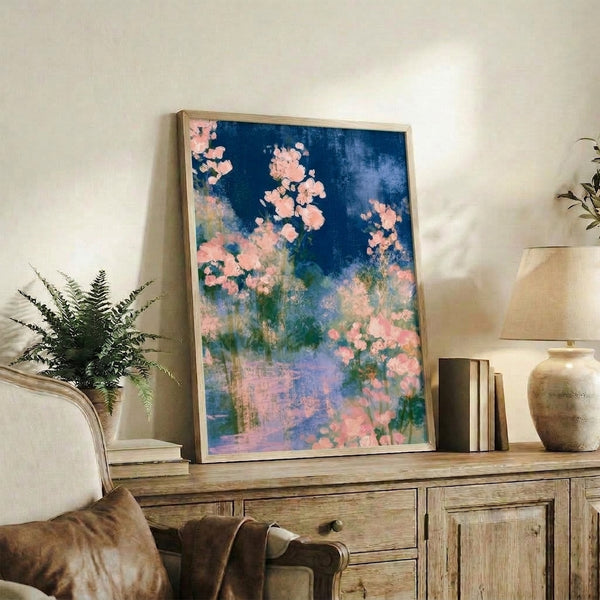 Impressionist watercolor artwork featuring delicate roses and botanical elements in lavender, cream, and deep blue hues with an ethereal, peaceful garden atmosphere.