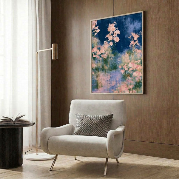 Ethereal watercolor garden scene with pink roses and lush foliage in muted blues and greens, evoking a romantic, dreamy mood through soft, flowing brushstrokes.
