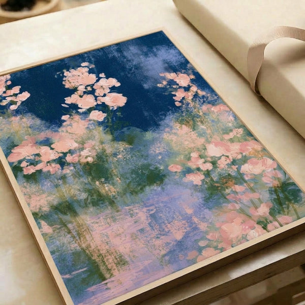 Romantic watercolor print depicting roses and garden plants reflected in water, rendered in dreamy lavender, cream, sage, and midnight blue palette with impressionist style.