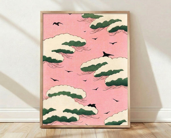 Serene Japanese woodblock-style poster featuring a pine tree, pink sky with soft clouds, and a bird in flight, rendered in forest green, pink, cream, and black tones.