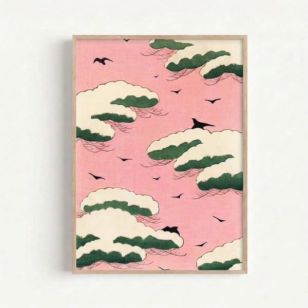 Japandi wall art print depicting a contemplative scene with delicate birds among pine branches under a pale pink sky with drifting clouds.