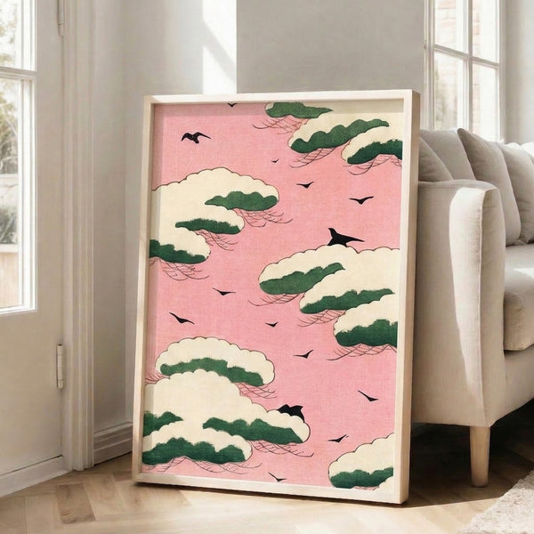 Zen-inspired poster artwork with serene composition of birds, flowering pine tree, and atmospheric pink clouds in muted cream and green palette.