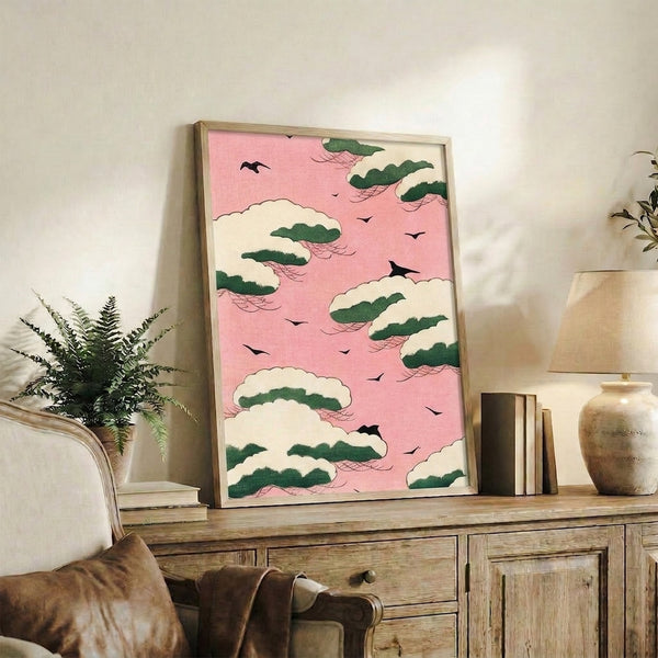 Japanese Showa-era style framed print featuring minimalist birds and pine tree silhouettes against a dreamy pink-toned sky with gentle clouds.