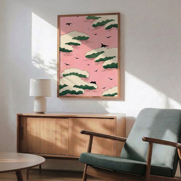 Peaceful wall art showcasing contemplative bird and botanical imagery in traditional Japanese woodblock aesthetic with pink, cream, and forest green hues.