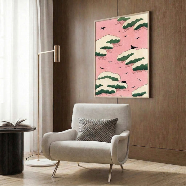 Japandi-style decorative poster merging serene bird motifs with pine branches beneath soft pink clouds in calming palette of blacks, greens, and pale tones.