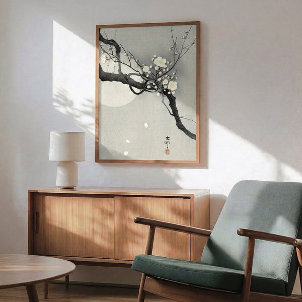 Framed botanical woodblock print in the Japanese tradition, capturing the essence of spring blossoms and moonlight through soft, understated tones of grey and cream.