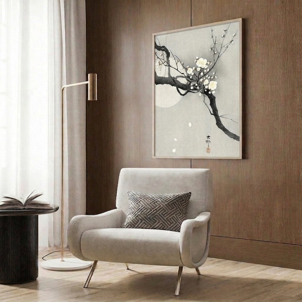 Japanese aesthetic art print showing delicate flower blossoms reaching toward a luminous moon, rendered in a serene palette of charcoal, cream, and pale yellow.