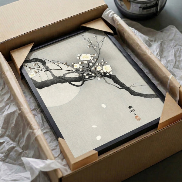 Wabi-sabi inspired woodblock print of a flowering branch beneath the moon, blending traditional Japanese artistry with calming minimalist design in soft monochromatic tones.