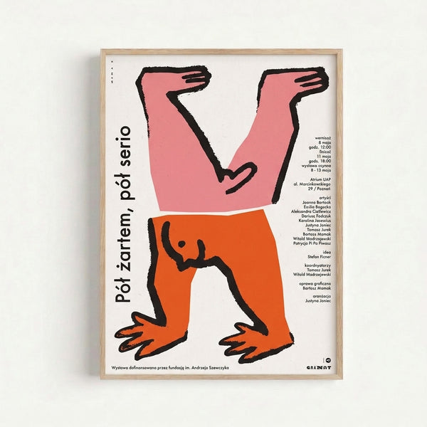 Minimalist retro art print with vibrant pink and orange stylized forms and gesturing hands in Bauhaus style, displayed as framed wall art.
