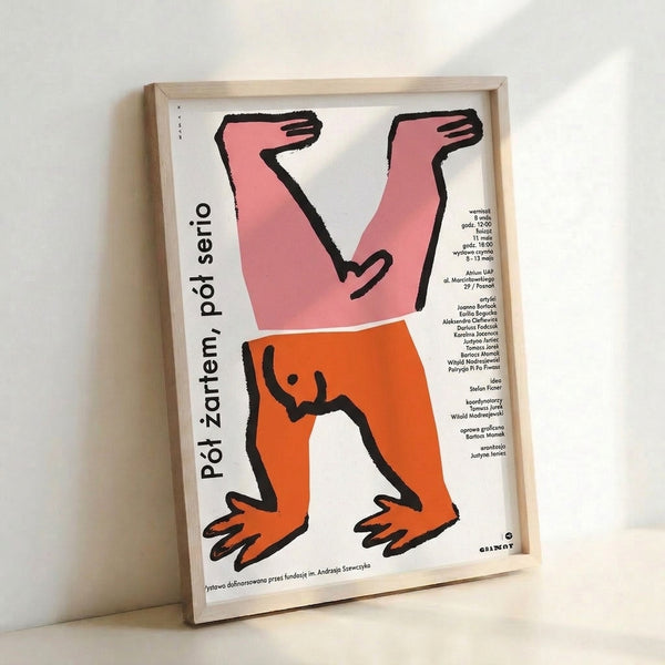 Abstract geometric poster in cream, black, pink and orange showing dynamic hand figures in playful tension, Bauhaus-inspired modern composition.