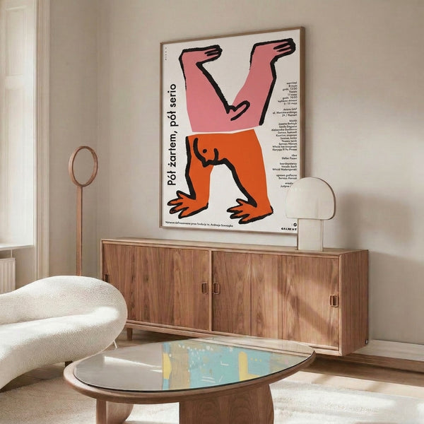 Playful modernist poster with interlocking pink and orange abstract shapes suggesting movement and hand gestures in classic Bauhaus design language.