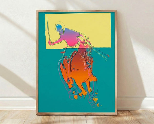 Pop art poster featuring a polo player on horseback rendered in monochromatic shades of green, displayed as framed wall art.
