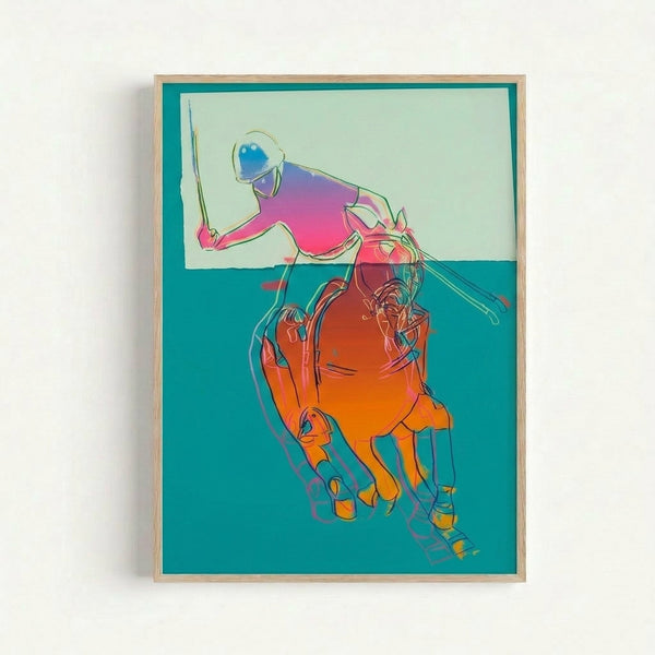 Framed modern art print showcasing an equestrian polo scene in layered green tones with a minimalist pop art aesthetic.