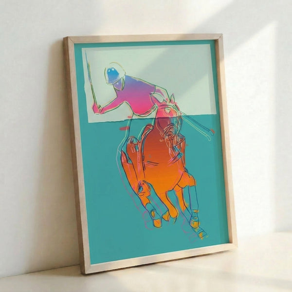 Green-on-green pop art poster of a mounted polo player, creating a sophisticated monochromatic composition suited for contemporary wall decor.