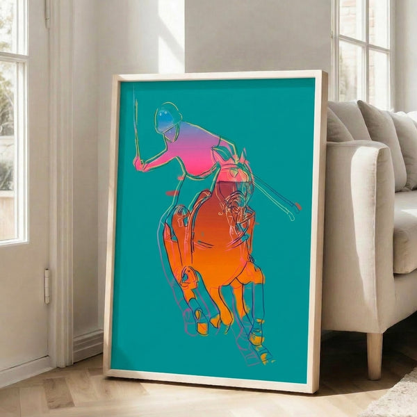 Stylized polo and horse artwork in varying green hues, presented as a framed pop art print with bold graphic qualities.