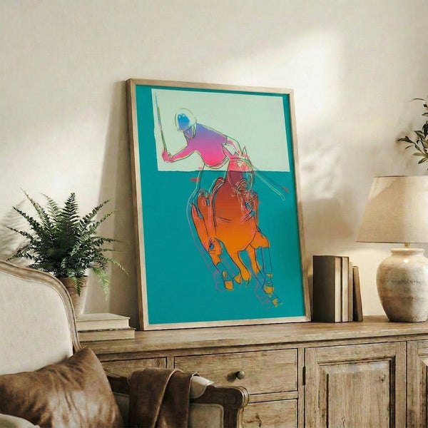 Contemporary framed poster depicting a polo player on horseback in tonal green shades, reflecting modern pop art design principles.