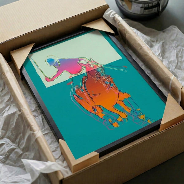 Framed green monochromatic pop art print of a polo player and horse, offering sophisticated modern wall decoration.