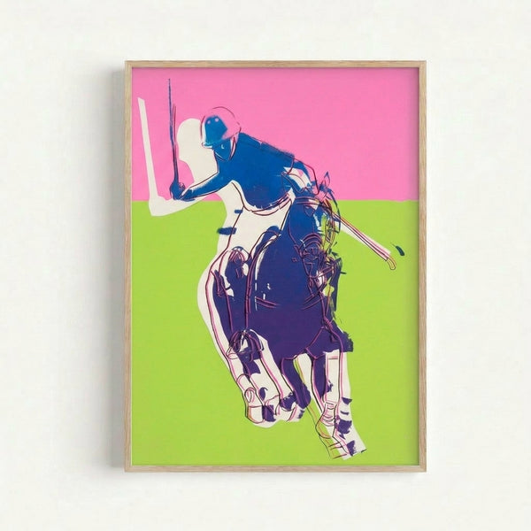 Framed art print with a pink polo figure rendered in bright pop art style on contrasting green, creating dynamic visual impact.