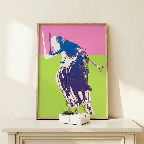 Vibrant pop art framed print of a polo player in hot pink silhouette against an energetic green backdrop.