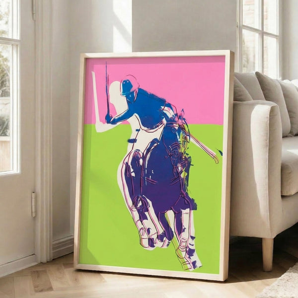Contemporary pop art wall poster showcasing a polo-themed composition in bold pink and green color blocking, hung in frame.