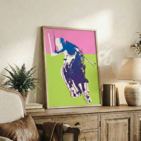Pop art style framed poster with a pink polo subject popping against its bright green ground, displayed as wall art.
