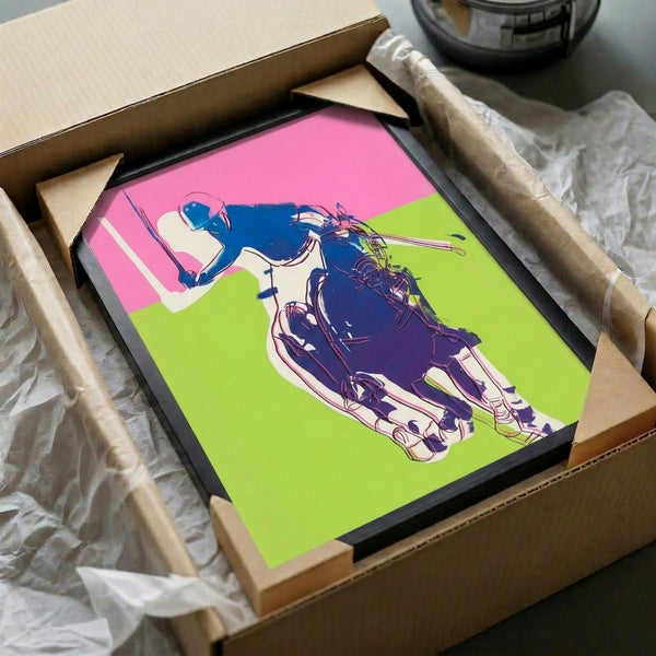Framed pop art print featuring a polo scene in luminous pink tones juxtaposed with vivid green, modern wall decor.
