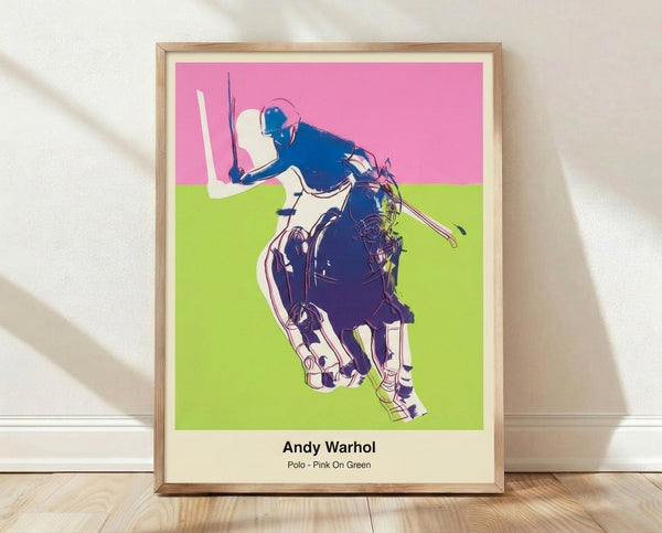 Bold pop art framed poster of a pink polo player on horseback against a vibrant green background, rendered in high-contrast modern style.