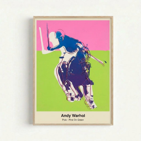 Pop art print featuring a dynamic pink figure on a horse in polo stance, set against striking green with bold black and white outlines.