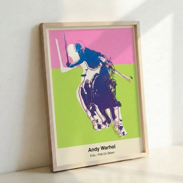 Modern pop art wall print depicting a polo player in hot pink mounted on a horse, set against vivid green in high-contrast contemporary style.