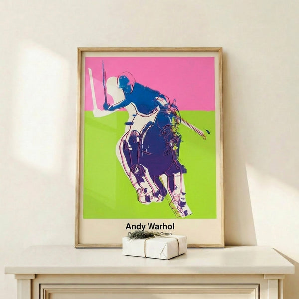 Framed pop art poster showing a confrontational pink polo figure with horse against an energetic green ground, rendered with bold graphic lines.