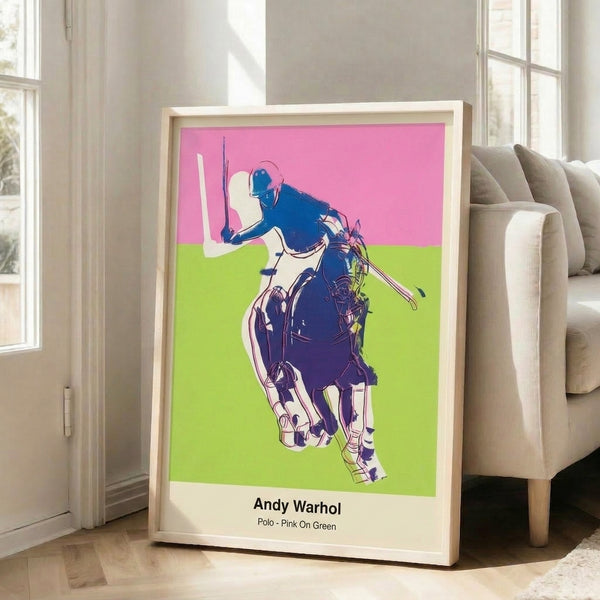Pop art horse and rider portrait in hot pink against bright green, executed in bold modern style with stark black contours.