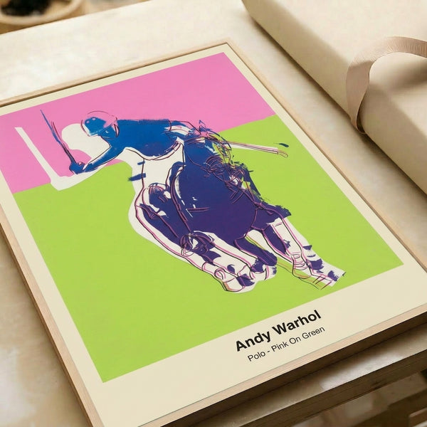 Bold pop art wall print featuring a pink-toned polo figure astride a horse against vivid green, rendered in high-impact modern graphic style.