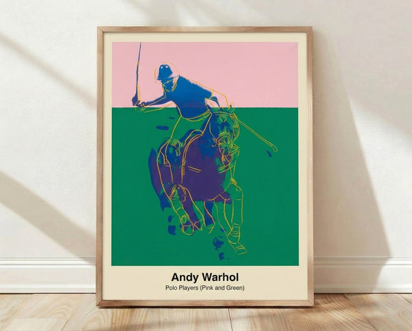 Bold pop art framed poster featuring dynamic polo players on horseback in vibrant pink and green tones with black outlines, energetic modern wall art in the style of Warhol.