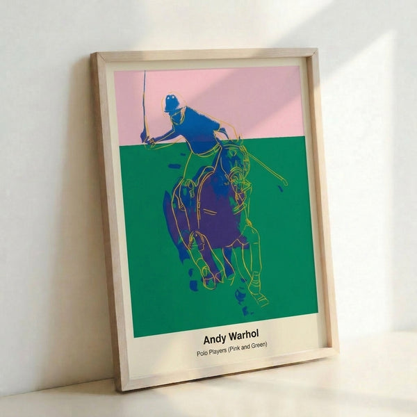 Modern pop art poster depicting polo players mounted on horses with bold pink and green coloring, striking black lines, and energetic composition.