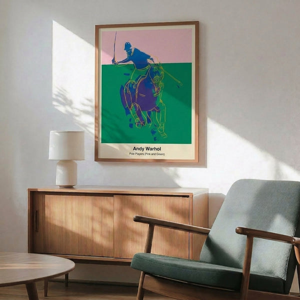 Pop art horse and polo player poster with energetic pink and green palette, bold black outlines, and contemporary artistic flair for wall display.