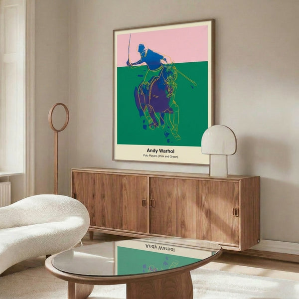 Contemporary pop art print featuring polo athletes and horses in striking pink and green tones with black accents, bold and dynamic modern composition.