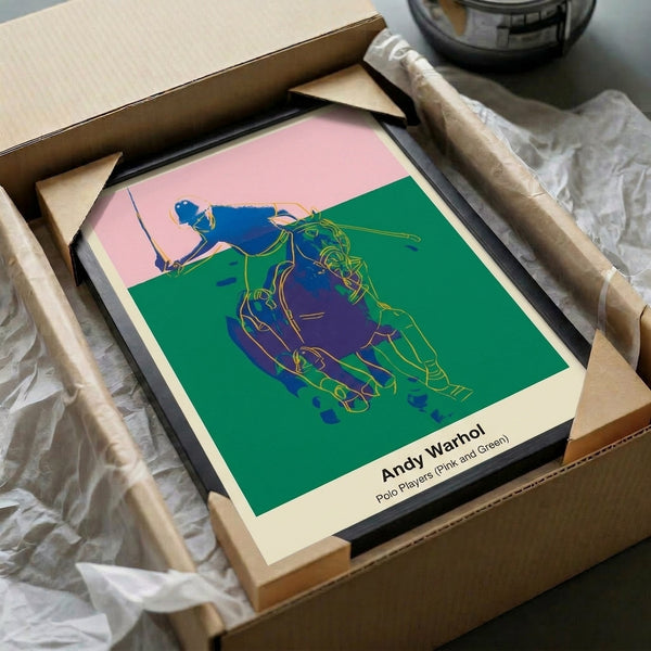 Colorful pop art poster of polo players on horseback rendered in vibrant pink, green, and black, showcasing energetic modern artistic style.