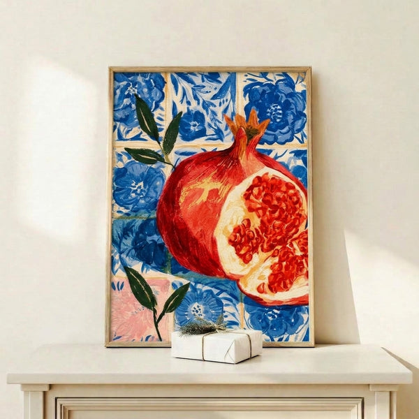 Boho watercolor painting of a ripe pomegranate with golden flowers and dark green foliage on a rich blue tiled background, calming nature-inspired wall decor.