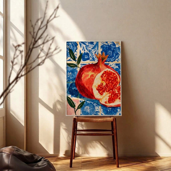 Framed botanical watercolor featuring a crimson pomegranate fruit surrounded by cream and yellow blooms on deep blue, capturing warm natural elegance.