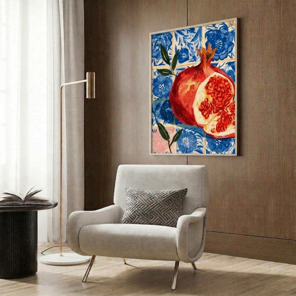 Bohemian watercolor art print showcasing a pomegranate with intricate floral details in reds, golds, and greens set against a serene blue tile motif.