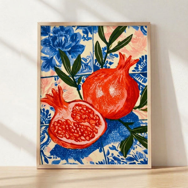 Retro boho still life poster featuring a vibrant red pomegranate with pink flowers and forest green leaves against a cream and blue tiled background, framed on a wall.