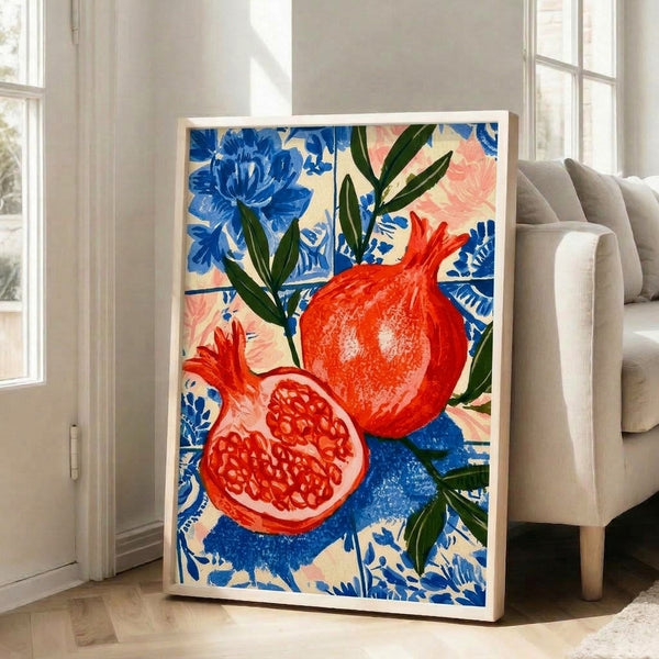 Cheerful botanical art print in earthy tones showing a split pomegranate with blooming florals and lush foliage, rendered in a vibrant retro boho style.