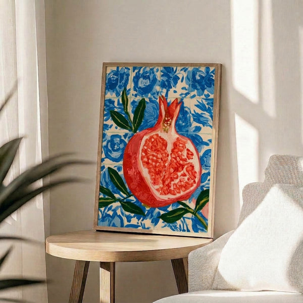 Framed botanical watercolor print of a red pomegranate with cream accents and leafy stems on a jewel-toned cobalt background in boho style.