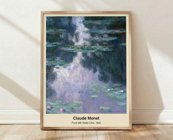 Serene impressionist pond scene with floating water lilies in soft blues, greens, and lavender tones, creating a tranquil and meditative atmosphere.