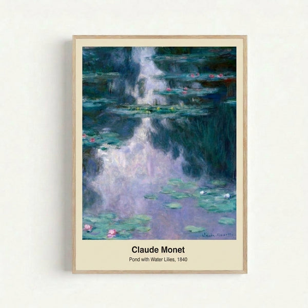 Luminous garden water landscape featuring delicate water lilies and reflections in pale yellows and soft greens, painted in impressionist style.