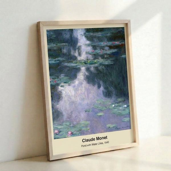 Tranquil pond artwork with blooming water lilies rendered in soft blue and cream hues, evoking a peaceful impressionist garden setting.