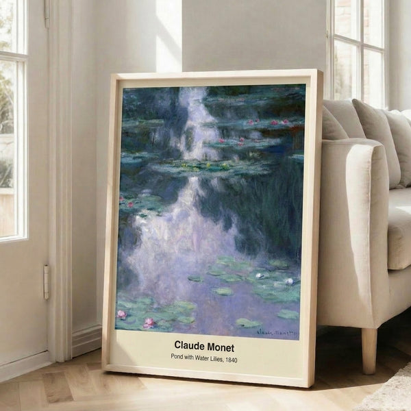 Impressionist water lily pond print displaying serene reflections in lavender, green, and pale yellow tones for a meditative wall display.