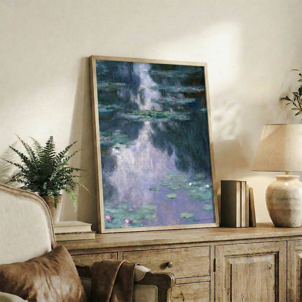 Peaceful garden pond framed poster with floating water lilies in soft impressionist colors of blue, green, and cream.